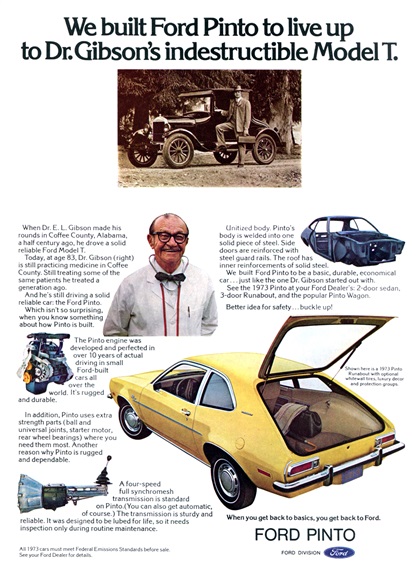 Ford Pinto Runabout Ad (October, 1972) - We built Ford Pinto to live up to Dr.Gibson's indestructible Model T.