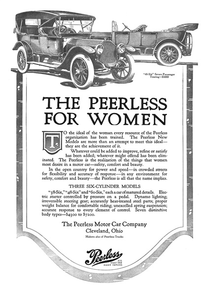 Peerless "48-Six" Seven Passenger Touring Ad (July, 1913) - The Peerless for women