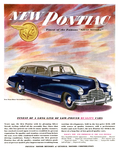 Pontiac Four-Door Streamliner Sedan Ad (January, 1946): Finest of a Long Line of Low-Priced Quality Cars