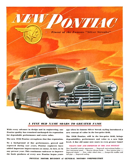 Pontiac Streamliner Sedan-Coupe Ad (June-July, 1946): A Fine Old Name Soars to Greater Fame