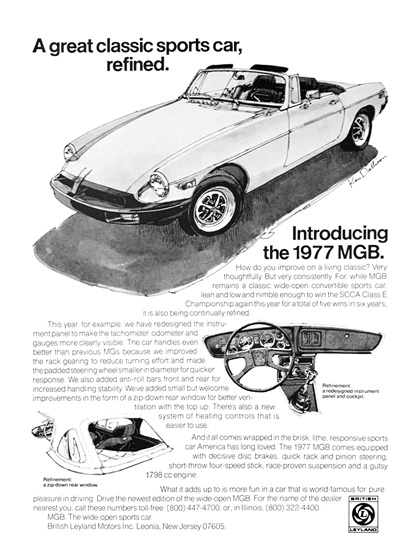 Introducing the 1977 MGB | British Leyland Ad (February, 1977): A great classic sports car, refined - Illustrated by Ken Dallison