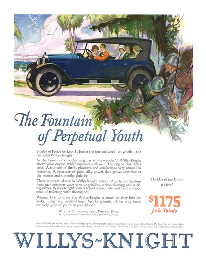 Willys-Knight Ad (April, 1924) – The Fountain of Perpetual Youth – Illustrated by Warren Baumgartner