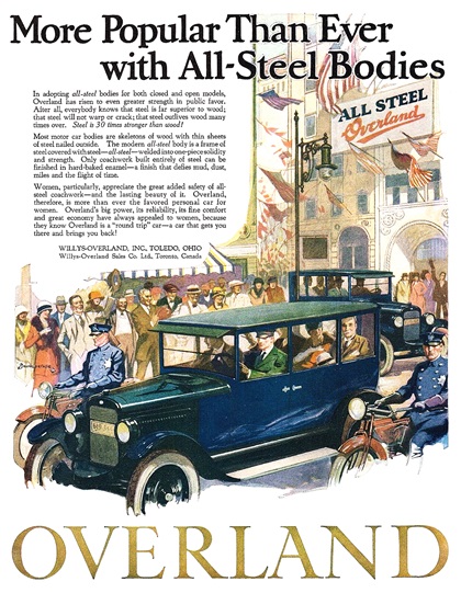 Overland Ad (November, 1924) – More Popular Than Ever with All-Steel Bodies – Illustrated by Warren Baumgartner