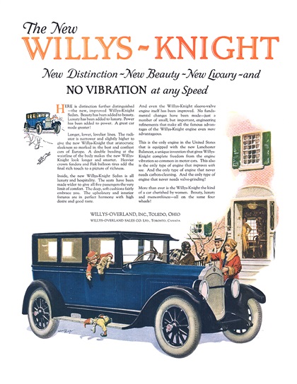 The New Willys-Knight Ad (February, 1925) – New Distinction - New Beauty - New Luxury - and NO VIBRATION at any Speed – Illustrated by Norman Price