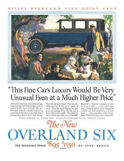 The New Overland Six Sedan Ad (August, 1925) – "This Fine Cars Luxury Would Be Very Unusual Even at a Much Higher Price"