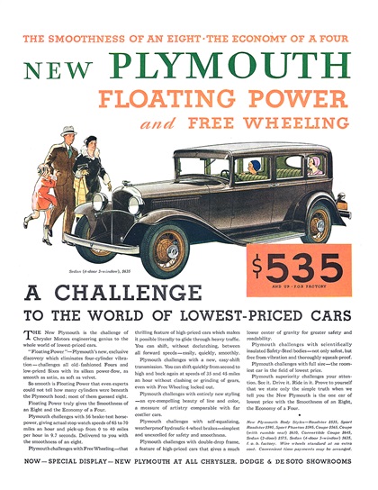 Plymouth 4-door 3-window Sedan Ad (July, 1931) – A challenge to the world of lowest-priced cars
