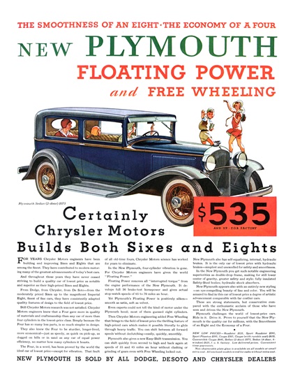 Plymouth 2-door Sedan Ad (November, 1931) – Certainly Chrysler Motors Builds Both Sixes and Eights