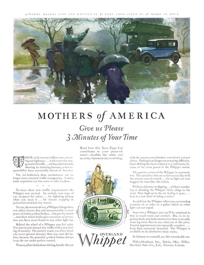 Overland Whippet Ad (March, 1927) – 4-wheel brakes stop the Whippet in 51 feet from speed of 40 miles an hour