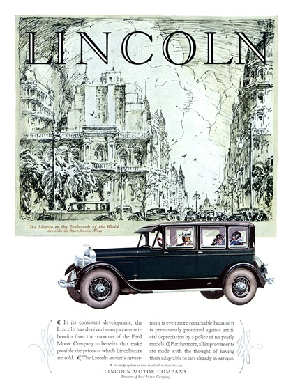 Lincoln Four Passenger Three Window Berline Ad (March, 1927) – Avenida de Mayo, Buenos Aires – Illustrated by Fred Cole