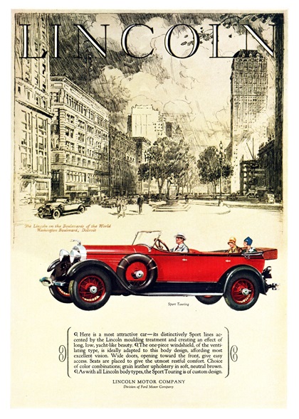 Lincoln Sport Touring Ad (July, 1927) – Washington Boulevard, Detroit