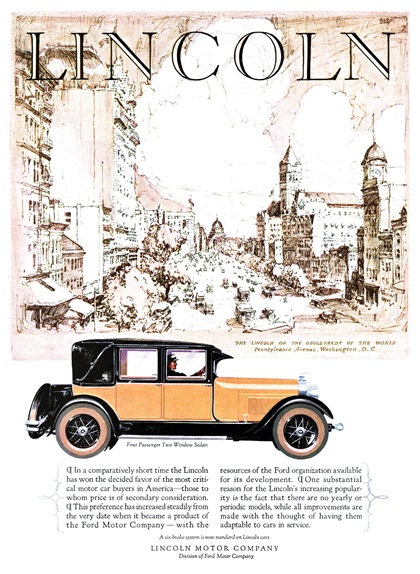 Lincoln Four Passenger Two Window Sedan Ad (April, 1927) – Pennsylvania Avenue, Washington, D.C. – Illustrated by Fred Cole