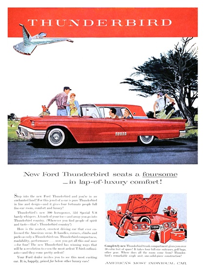 Ford Thunderbird Ad (March–April, 1958) – New Ford Thunderbird seats a foursome in lap-of-luxury comfort!