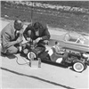 Tremulis and Romeyne Hammond, a top notch model maker, adjusting the La Tosca 3/8ths scale model. It was fitted with a radio-controllled motor that was controllable from over a mile away.  Headlights, brake lights and turn indicators were all controlled by radio.
