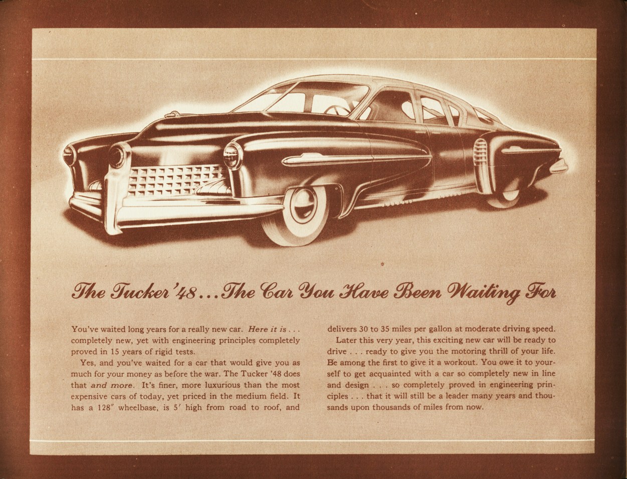 Tucker with Pre-Production Trim - One of several drawings produced by Alex Tremulis in February 1947 for advertising the new design of the Tucker '48
