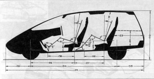 Эскизная компоновка Х-1. Здесь цифрами обозначены не размеры, а индексы конкретных параметров, значения которых приводились в отдельной таблице для сравнения с отечественными и импортными автомобилями этого класса (термин аналоги тут неприемлем – их тогда просто не было). К примеру, параметр 01 – это длина автомобиля (4150 мм).