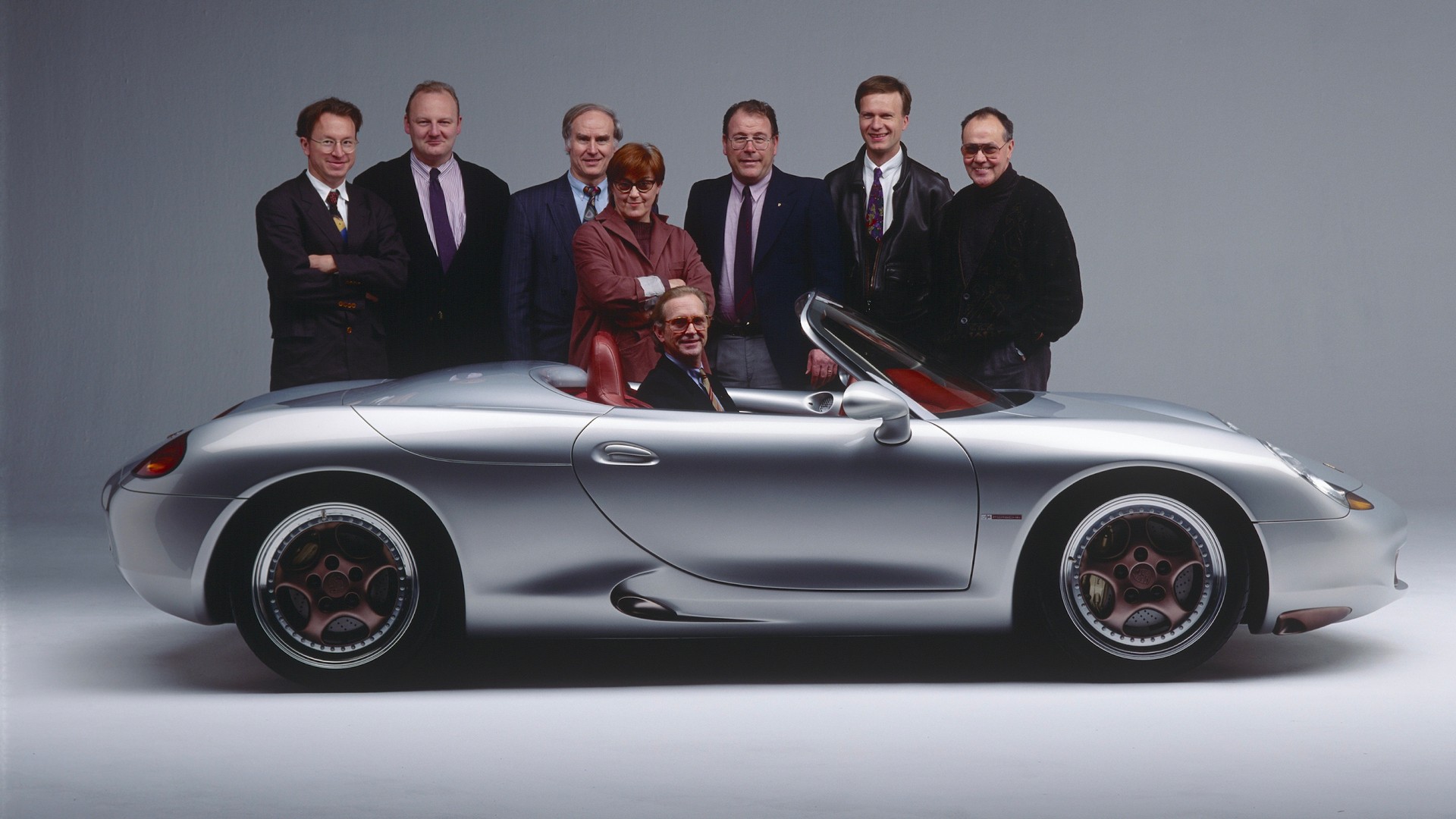 Porsche Boxster sports car concept, 1993 – Grant Larson. Exterior designer, Jörg Kirschbaum, Model designer, Otto Geffert, Design studio engineer, Dorothea Müller-Goodwin, Responsible for colours and equipment, Harm Lagaay, Head of Design department, Klaus Ziegler, Model construction, Stefan Stark, Interior designer, Peter Müller, Head modeller, l-r