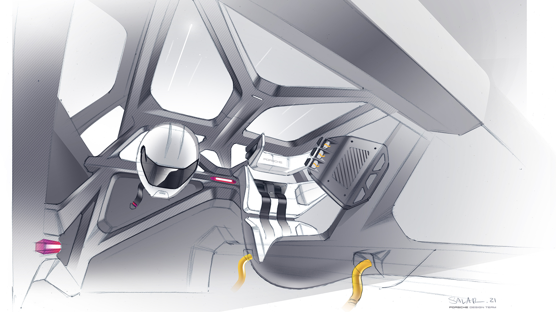 Porsche Mission R, 2021 – Design sketch – Interior