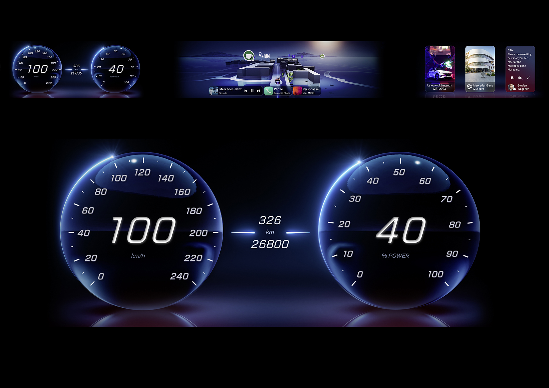 Mercedes-Benz Concept CLA Class, 2023 – UI/UX delivers digital luxury experience individualised to customer needs through art, entertainment and advanced immersive graphics