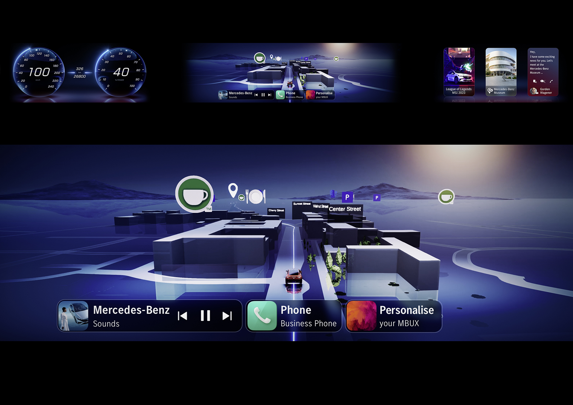 Mercedes-Benz Concept CLA Class, 2023 – UI/UX delivers digital luxury experience individualised to customer needs through art, entertainment and advanced immersive graphics