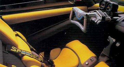 In keeping with the motorcycle motif, 1989 Plymouth Speedster concept car controls and instruments rode a movable rectangular fork.