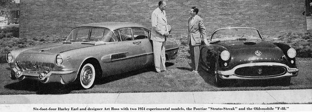 Six-foot-four Harley Earl and designer Art Ross with two 1954 experimental models, the Pontiac Strato-Streak and the Oldsmobile F-88