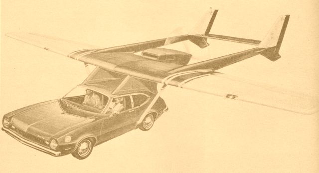 Artist's rendering shows what an Advanced Vehicle Engineers' Aircar will look like when airborne. Modified production Ford Pinto is utilized with an airframe and engine of a Cessna, which is detachable in minutes so car may be used on highways.