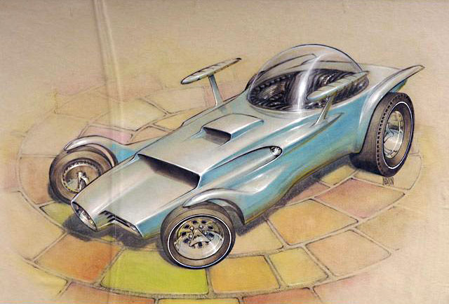 This illustration of Ed Roth's Orbitron was drawn in pastel by Ed "Newt" Newton in 1964.