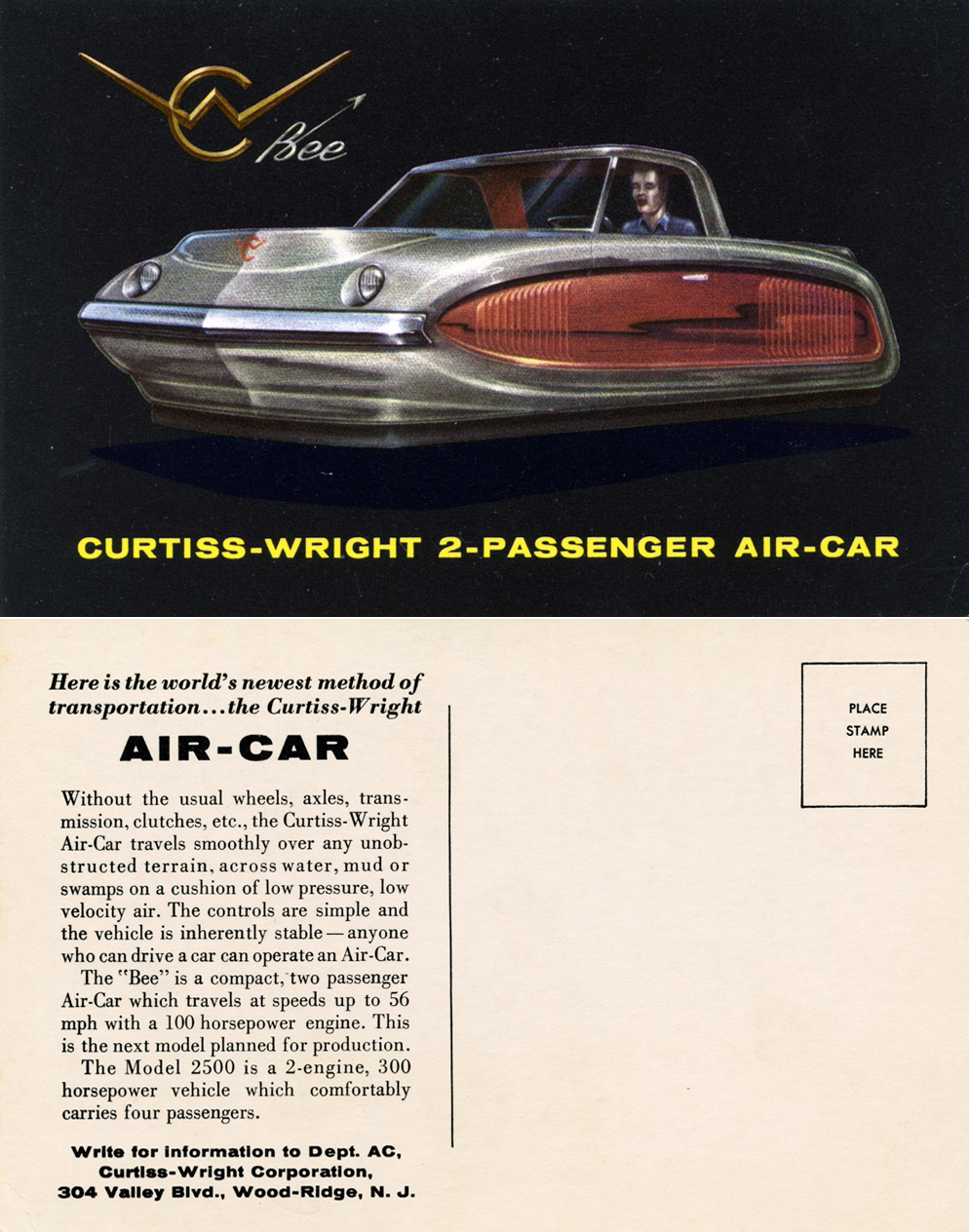 Curtiss-Wright Bee, Two Passenger Air-Car (1959) - Advertising Postcard