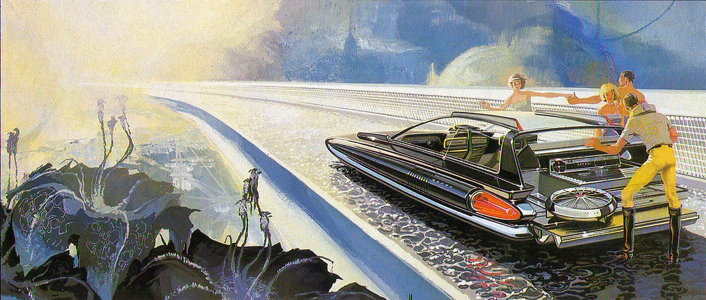 U.S. Steel Hovering Station Wagon from Syd Mead's book Sentinel. - From the U.S. Steel book Concepts ... a family outing with an air-ground-effect station wagon on a road bordered by an electronic guidance fence.
