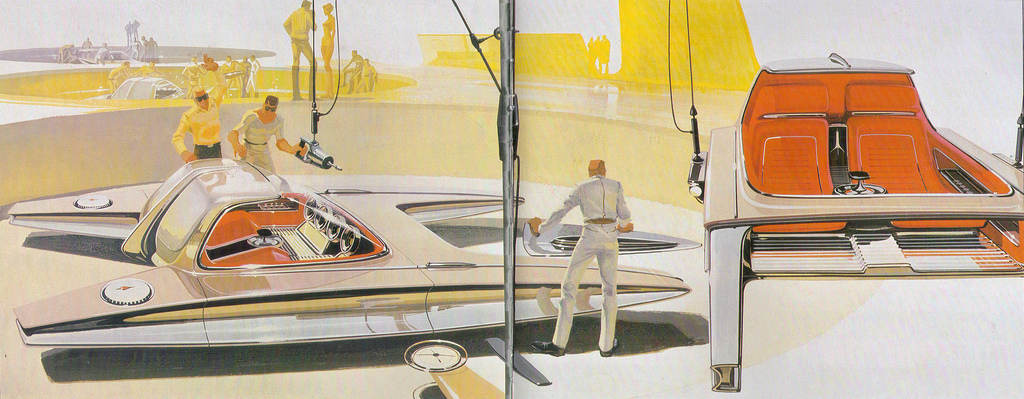 Twin Boom Sports Coupes from Syd Mead's book Sentinel. Originally created for the U.S. Steel book Concepts (1961). - Closely reflecting the future styling of the time, these elaborately extended twin-boom sport coupes are shown in the attachment bay of a custom assembly-line enclosure receiving their final steel outer panels and finishing details.
