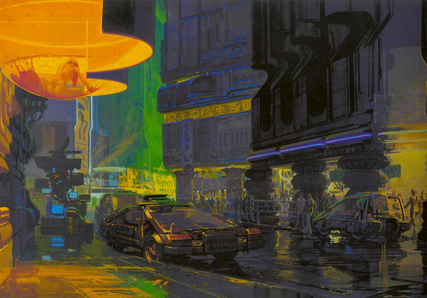 Сoncept art for Blade Runner by Syd Mead - Street Scene (Decker's car in the foreground)