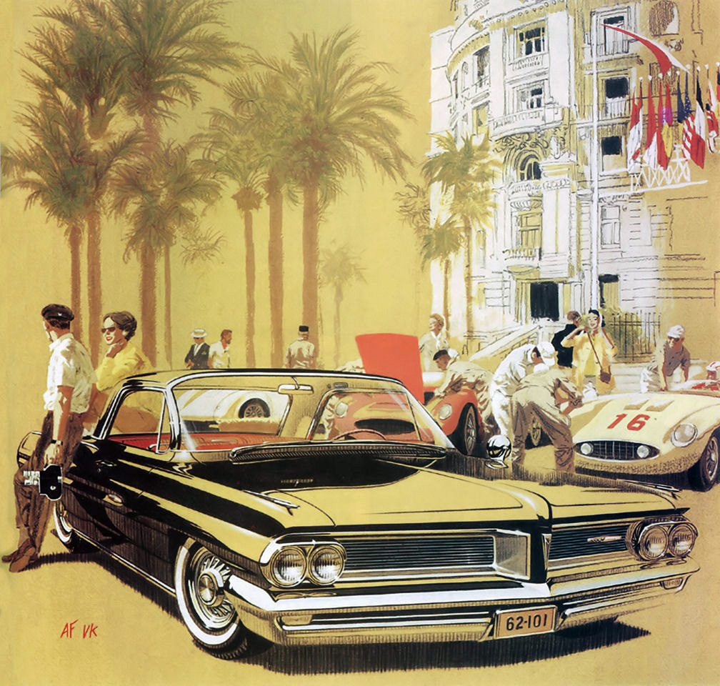 1962 Pontiac Grand Prix - 'Monte Carlo': Art Fitzpatrick and Van Kaufman - This was the announcement ad for the very first Pontiac Grand Prix. The final decision to create the car had come just a few months before new-car announcement day. Van and I had two days to create an entire ad campaign for a new car model in a fresh style distinctive from the other ads we were doing. This picture set readership records for Pontiac and won the color ad 'Award for Excellence from the New York Society of Illustrators.