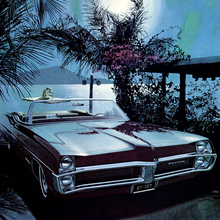 1967 Pontiac Ventura Convertible - 'Moonlight Swim, Caneel Bay': Art Fitzpatrick and Van Kaufman - Isn't it romantic? You may see people smoking in these ads, but you won't see any smoking tires!