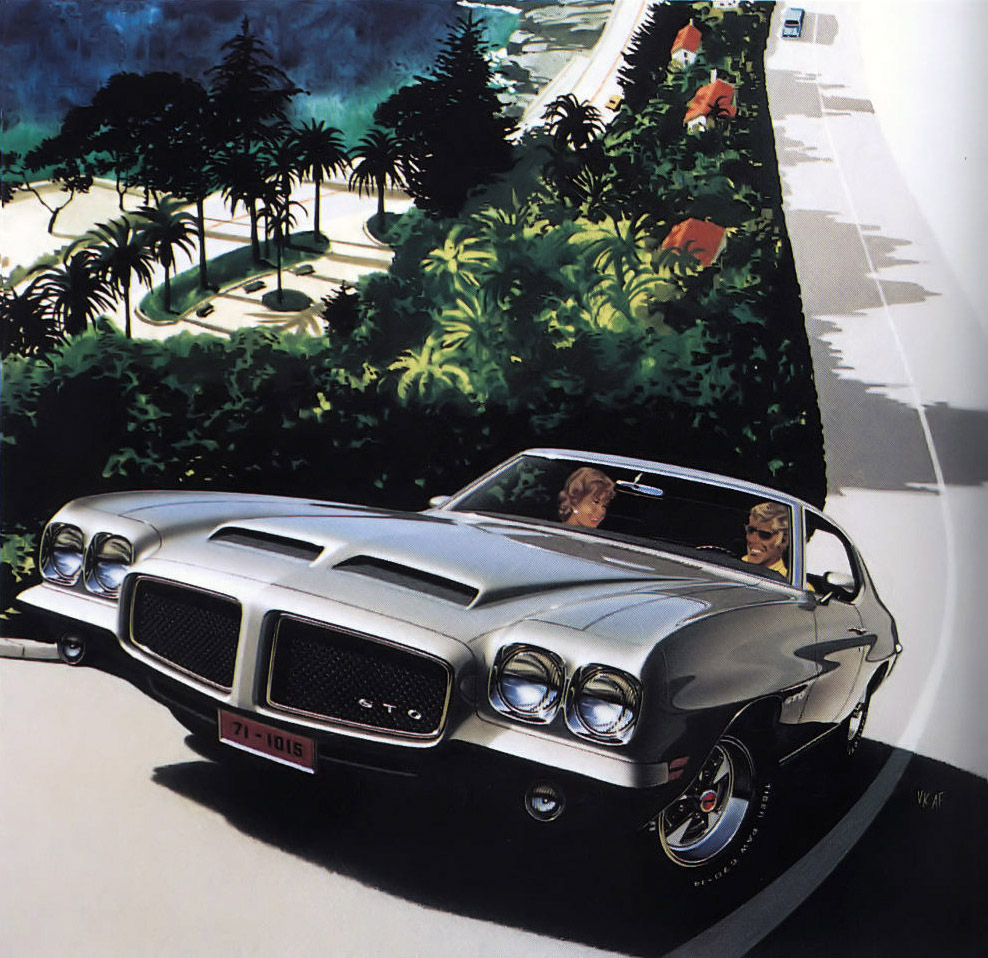 1971 Pontiac GTO Hardtop Coupe - 'Road to Eze II': Art Fitzpatrick and Van Kaufman - Back on the Haute Corniche. We painted three versions; one jumps the magazine gutter to become a black-and-white page.