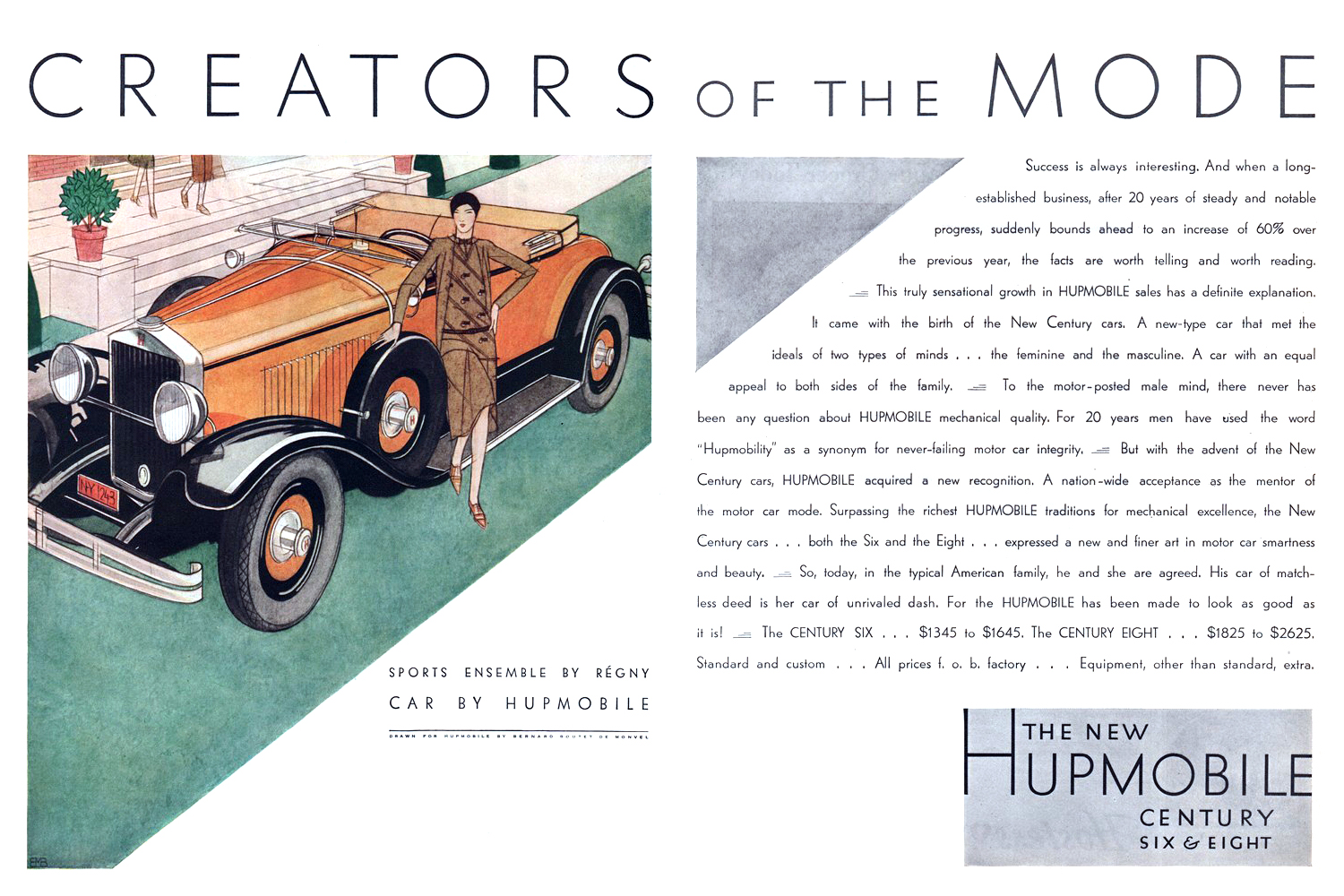 Hupmobile Advertising Art by Bernard Boutet de Monvel (April, 1929): Creators of the Mode - Sports Ensemble by Régny... Car by Hupmobile