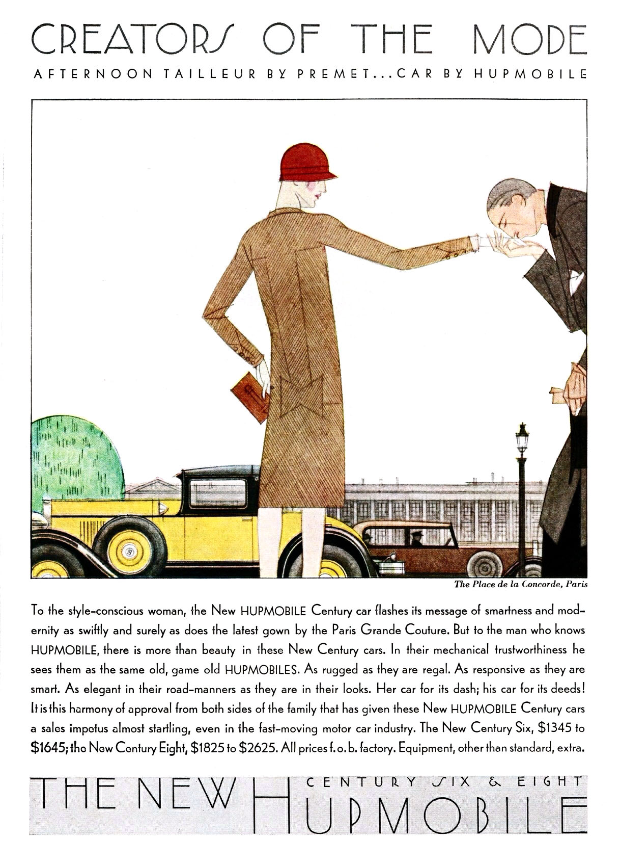 Hupmobile Advertising Art by Bernard Boutet de Monvel (March-April, 1929): Creators of the Mode - Afternoon Tailleur by Premet... Car by Hupmobile
