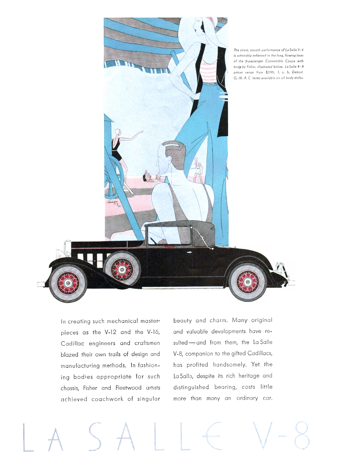 LaSalle V-8 Ad (August, 1931): Two-Passenger Convertible Coupe, with coachwork by Fisher - Illustrated by Leon Benigni