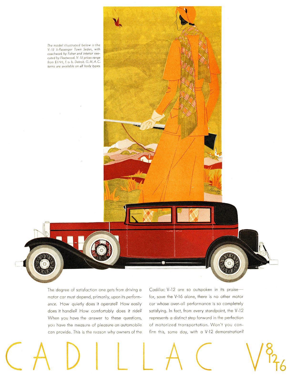 Cadillac V-12 Ad (October, 1931): Five-Passenger Town Sedan, with coachwork by Fisher and interior executed by Fleetwood - Illustrated by Leon Benigni
