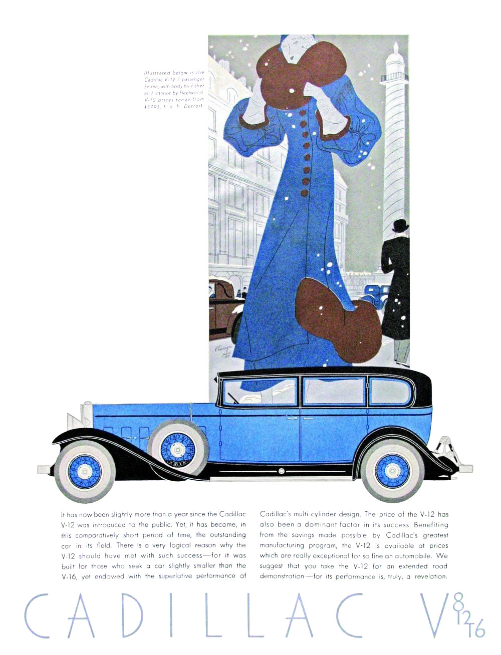 Cadillac V-12 Ad (1931): Seven-Passenger Sedan, with coachwork by Fisher and interior by Fleetwood - Illustrated by Leon Benigni
