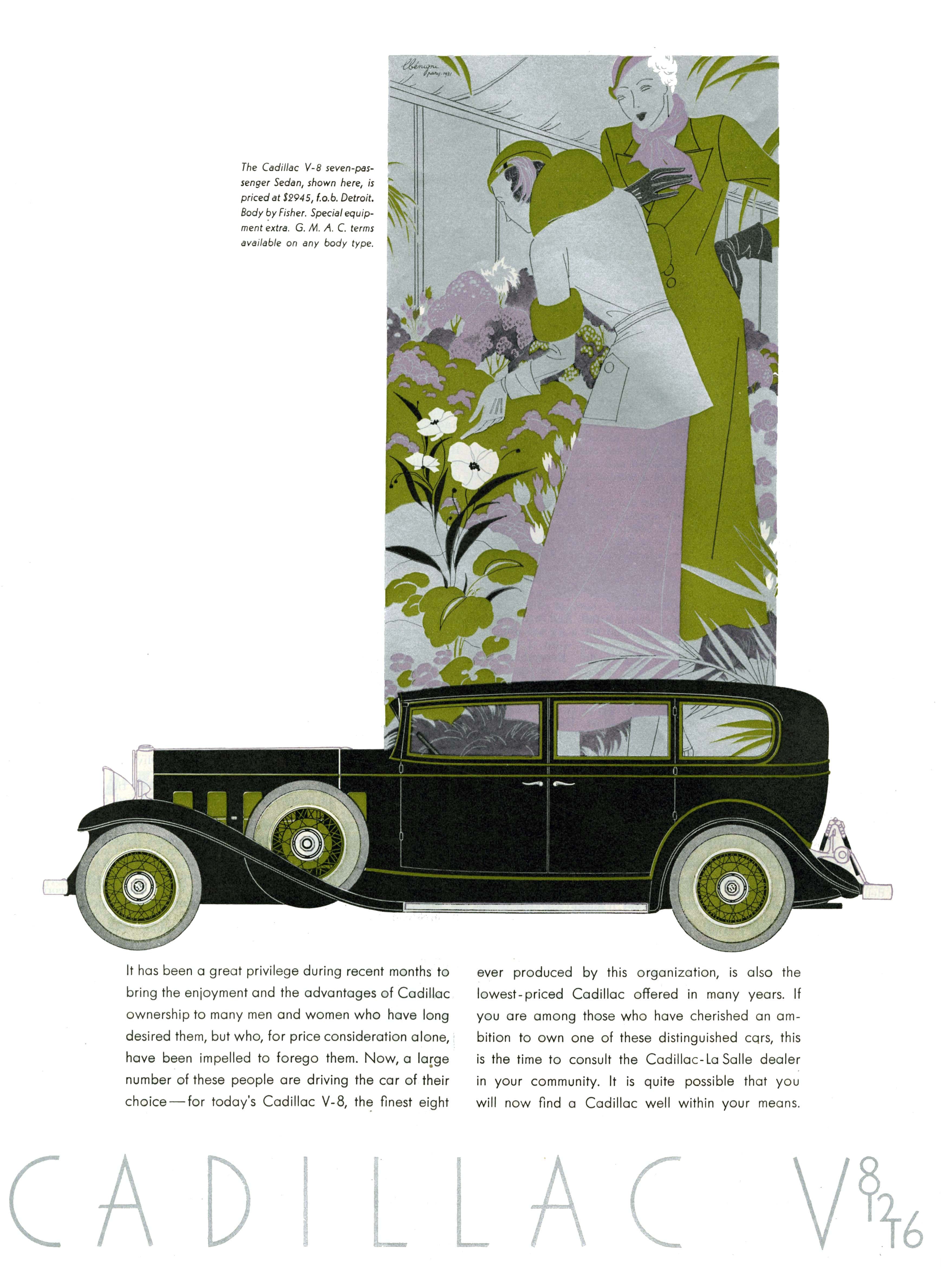 Cadillac V-8 Ad (November, 1931): Seven-Passenger Sedan, with coachwork by Fisher - Illustrated by Leon Benigni