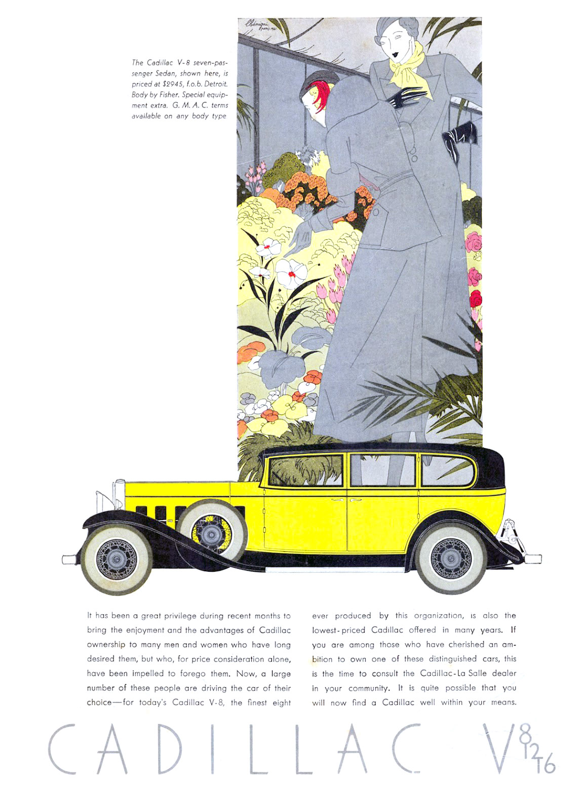 Cadillac V-8 Ad (1931): Seven-Passenger Sedan, with coachwork by Fisher - Illustrated by Leon Benigni