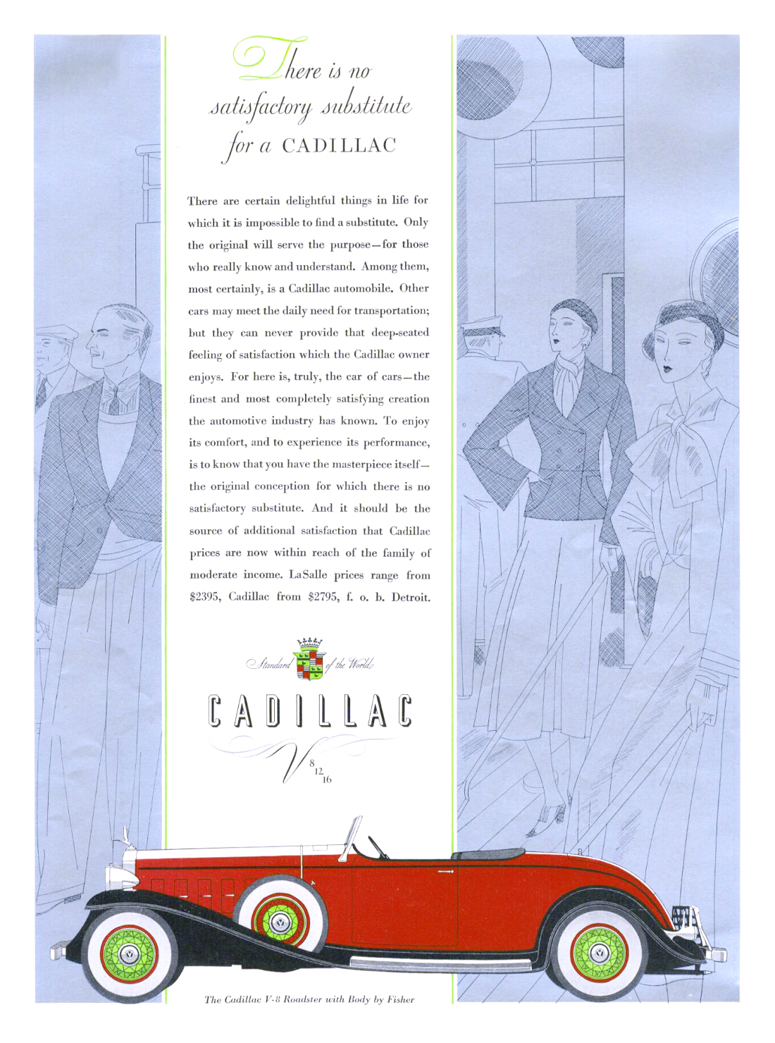 Cadillac V-8 Ad (May, 1932): Roadster with body by Fisher - Illustrated by Robert Fawcett