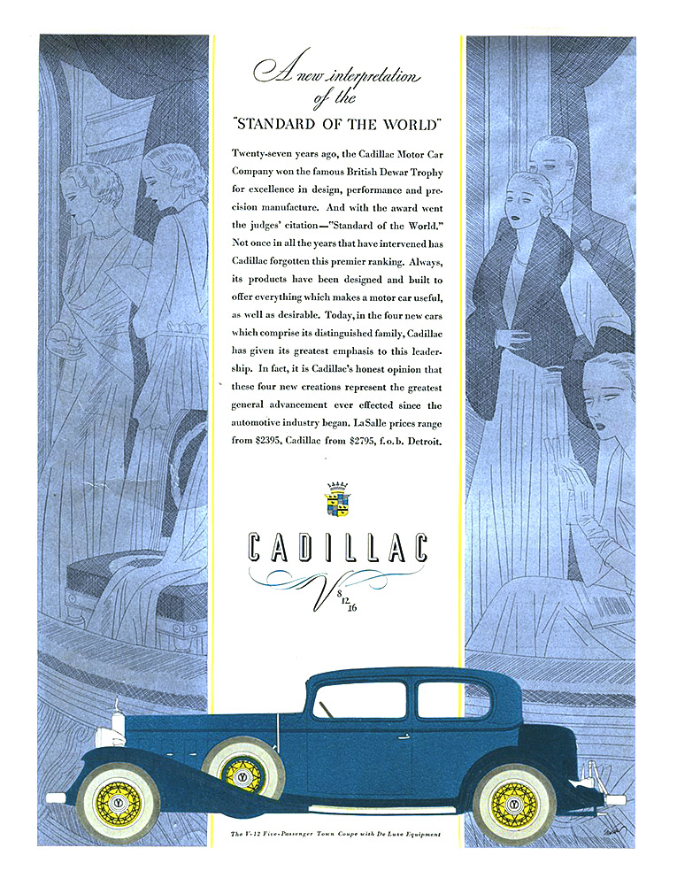 Cadillac V-12 Ad (1932): Five-Passenger Town Coupe - Illustrated by Robert Fawcett