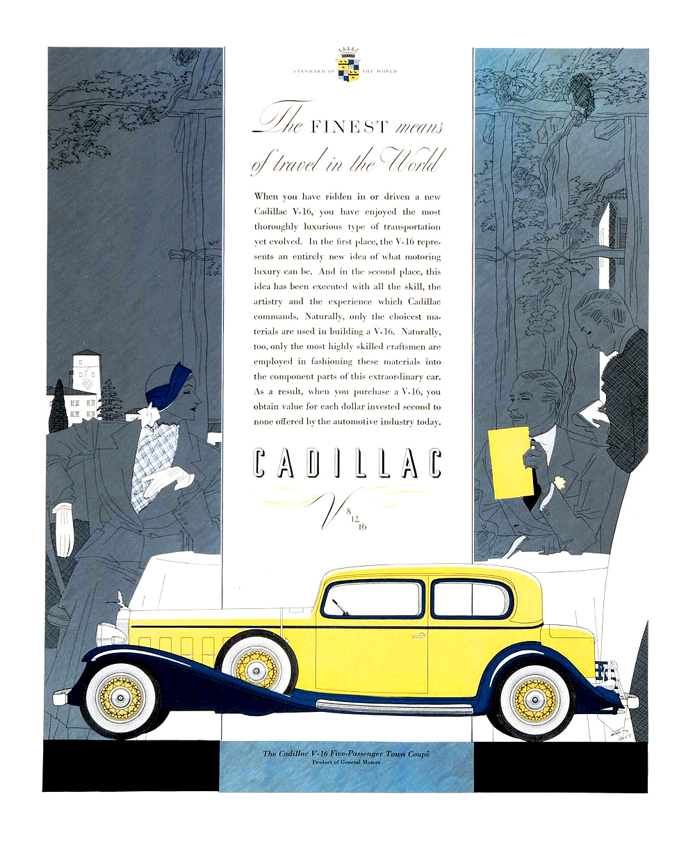 Cadillac V-16 Ad (August, 1932): Five-Passenger Town Coupe - Illustrated by Robert Fawcett