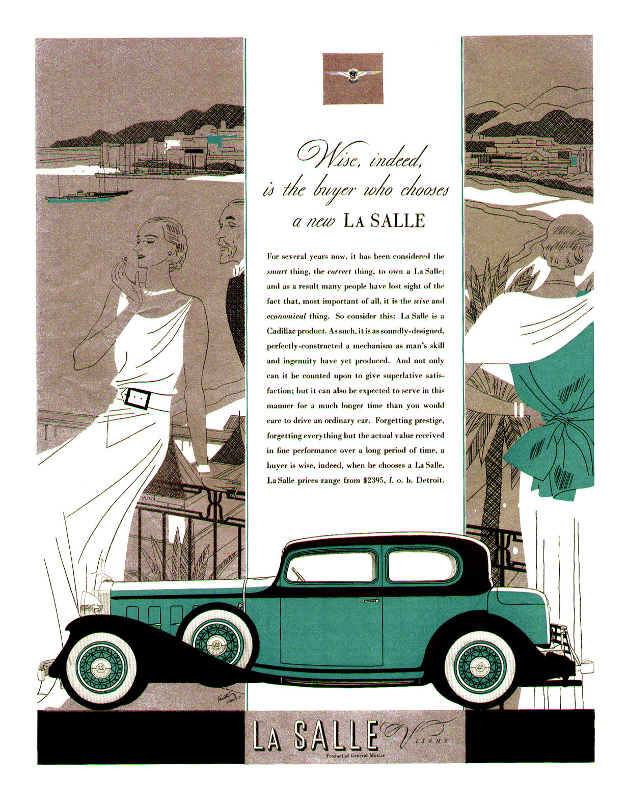 LaSalle V-8 Ad (1932): Town Coupe - Illustrated by Robert Fawcett