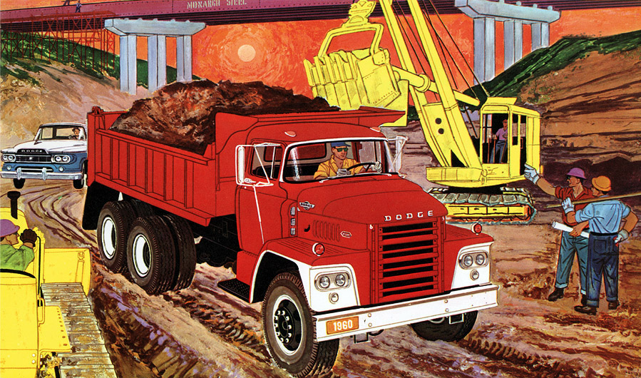 Dodge Trucks Advertising Art by Charles Wysocki (1960) - High-tonnage power giants - gasoline powered