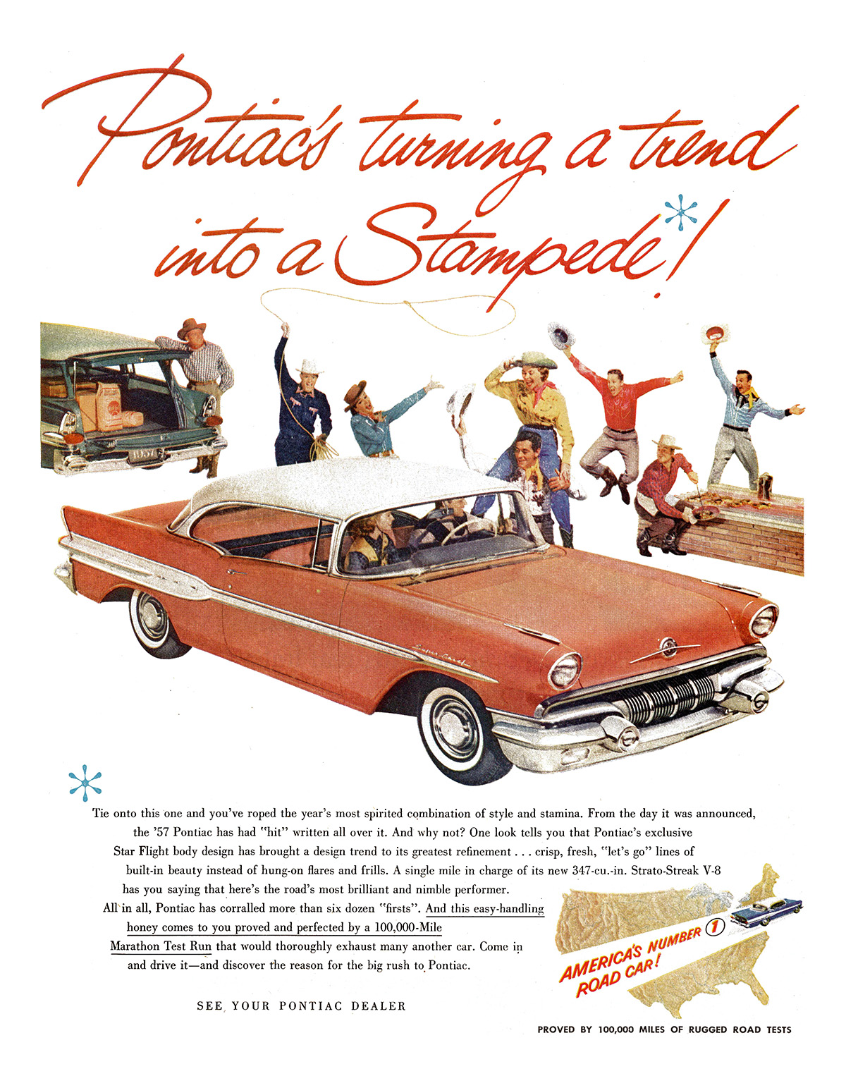 Pontiac Ad (January, 1957) - Super Chief 2-Door Catalina - Pontiac's turning a trend into a Stampede!