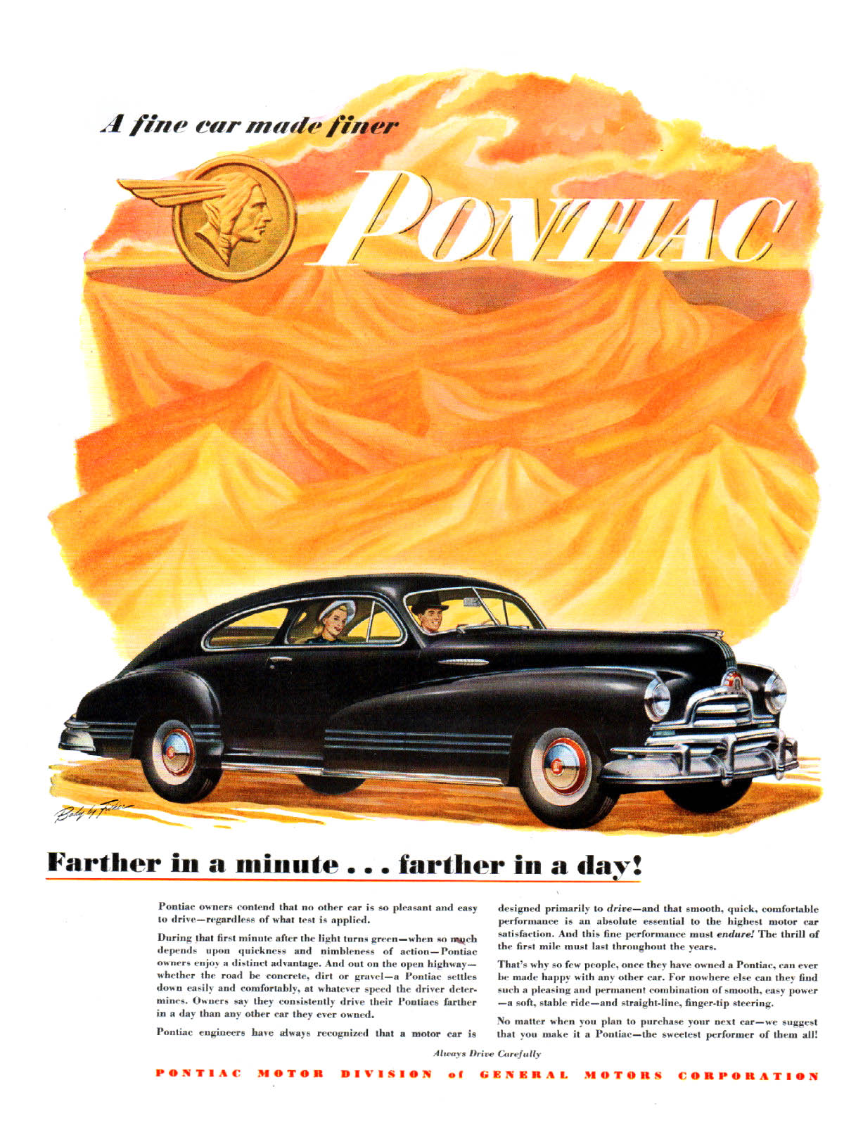 Pontiac Streamliner Sedan-Coupe Ad (September, 1947): Farther in a minute... farther in a day!