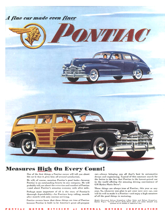 Pontiac DeLuxe Streamliner Station Wagon/DeLuxe Streamliner 4-door Sedan Ad (November, 1948): Measures High On Every Count!