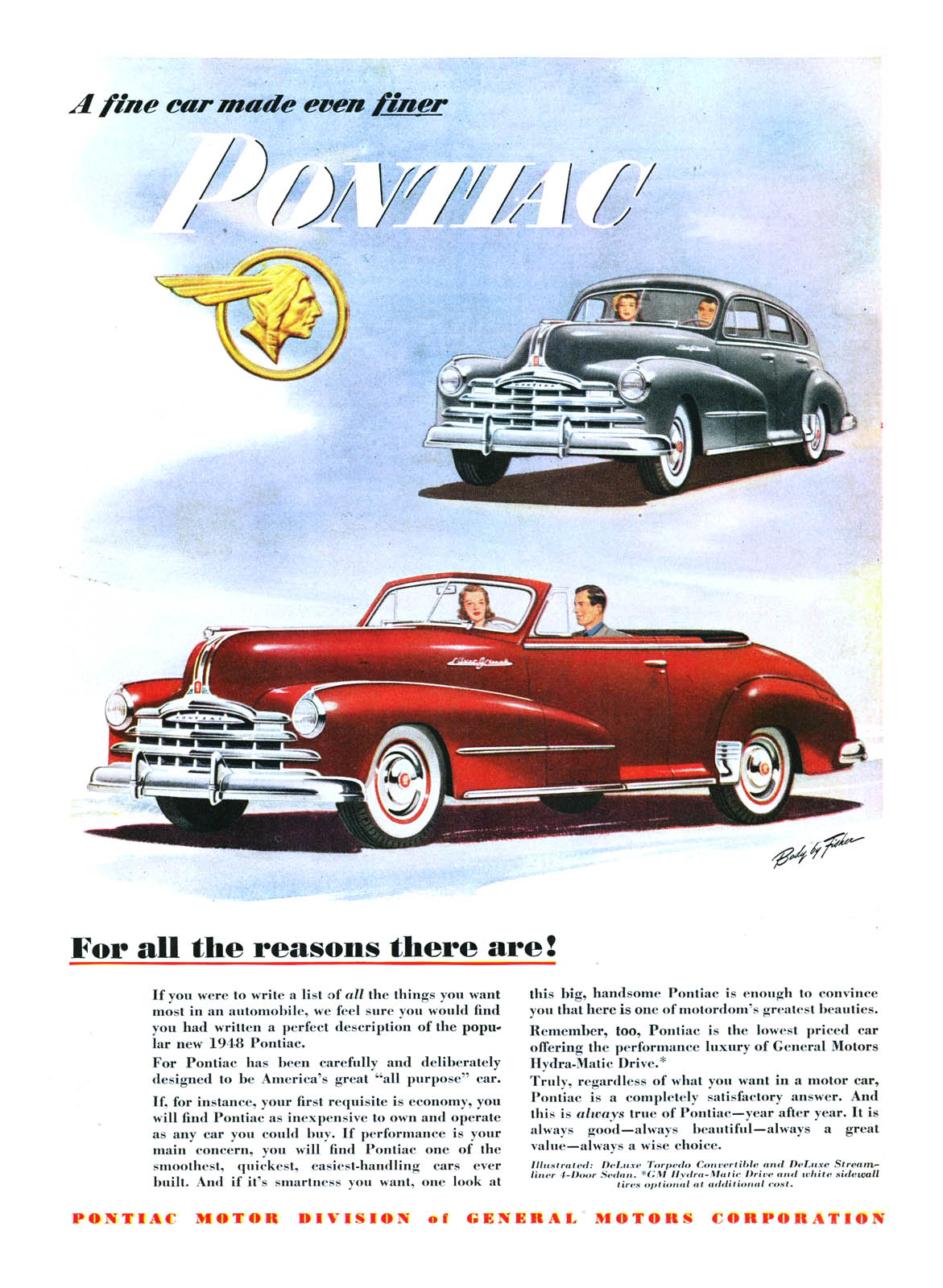 Pontiac DeLuxe Torpedo Convertible/Streamliner 4-door Sedan Ad (July, 1948): For all the reasons there are!